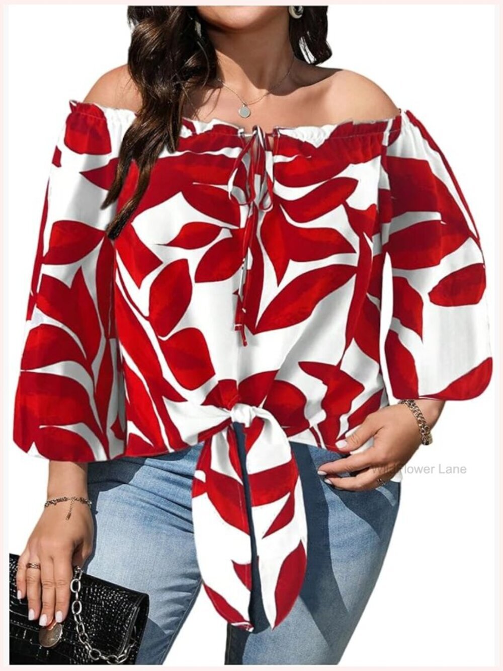 Plus Size Boho Off Shoulder Lantern Long Sleeve Blouse Tie Front